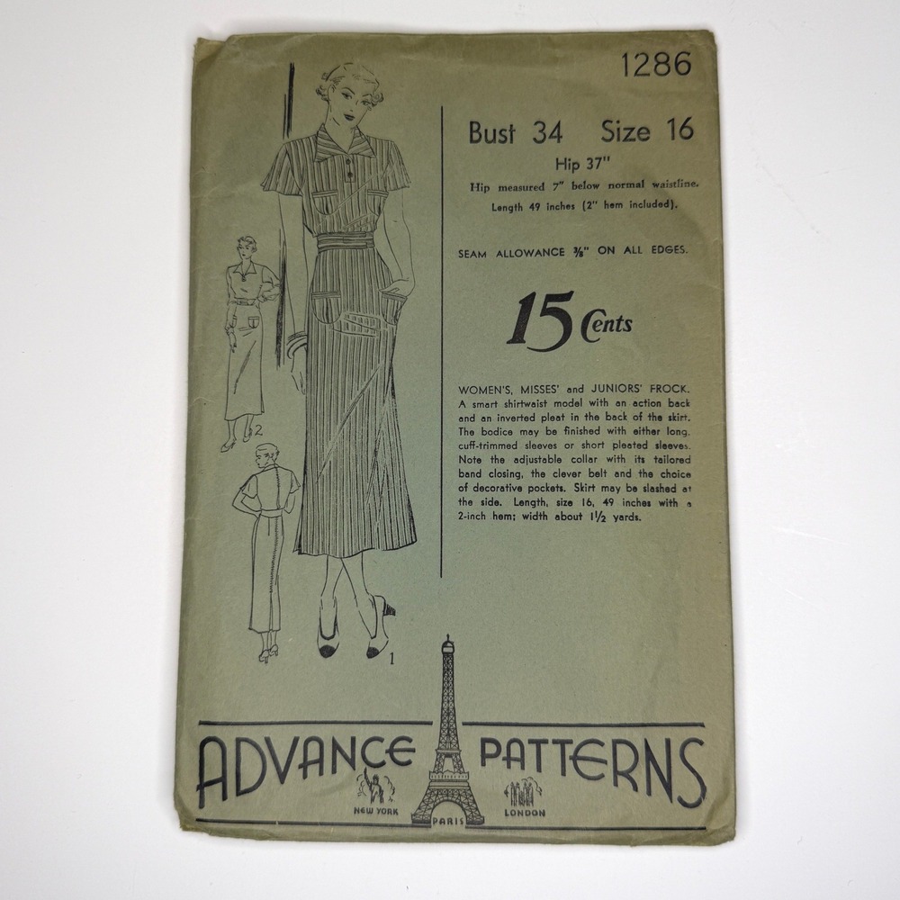 Vintage 1930s Advance Patterns 1286 Dress Vintage Size 16 Uncut and Swatch